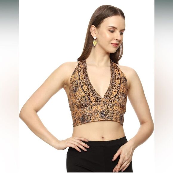 Crop Top Womens OS Gold Summer Beach Sleeveless Tank Top Shirts Halter V Neck A1 - Picture 5 of 8